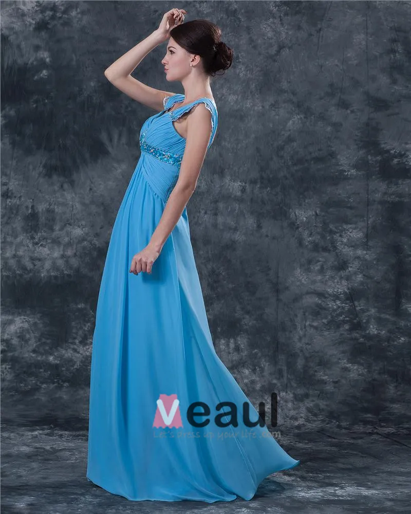 Klassiske Chiffon Ruffle Kjaereste Gulv Lengde Modre Av Bruden Gjester Kle