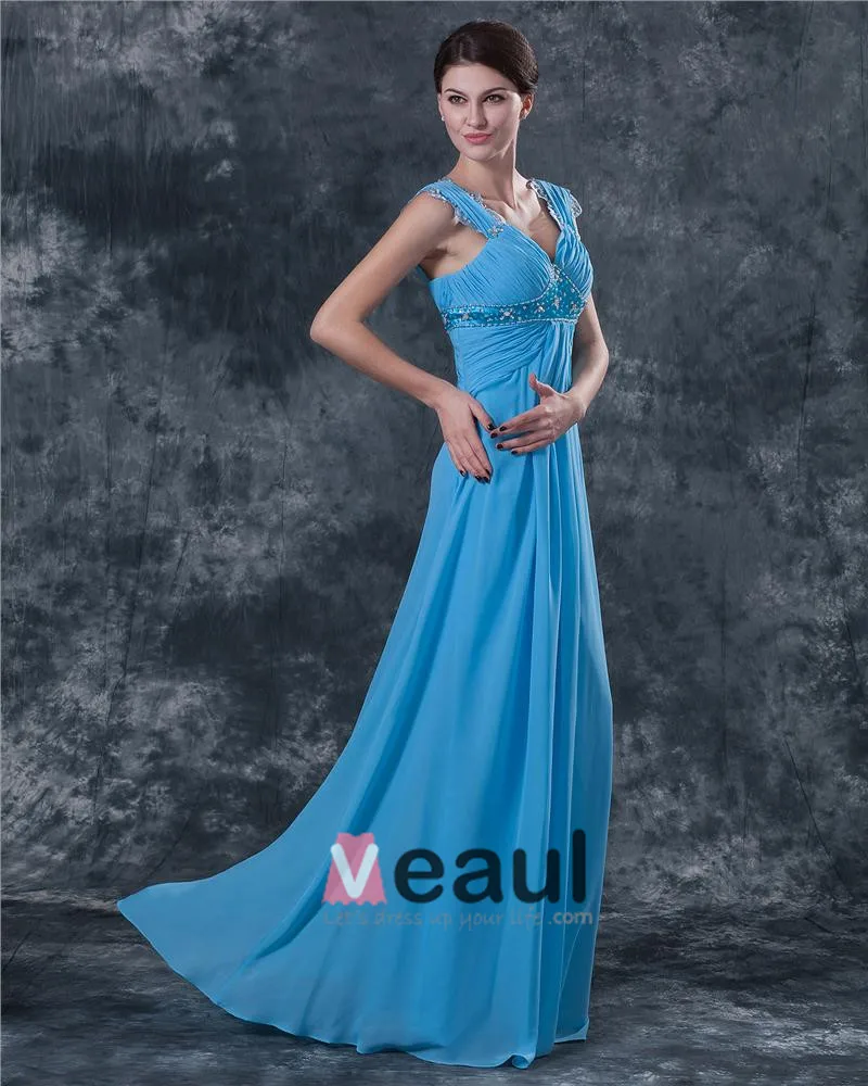 Klassiske Chiffon Ruffle Kjaereste Gulv Lengde Modre Av Bruden Gjester Kle