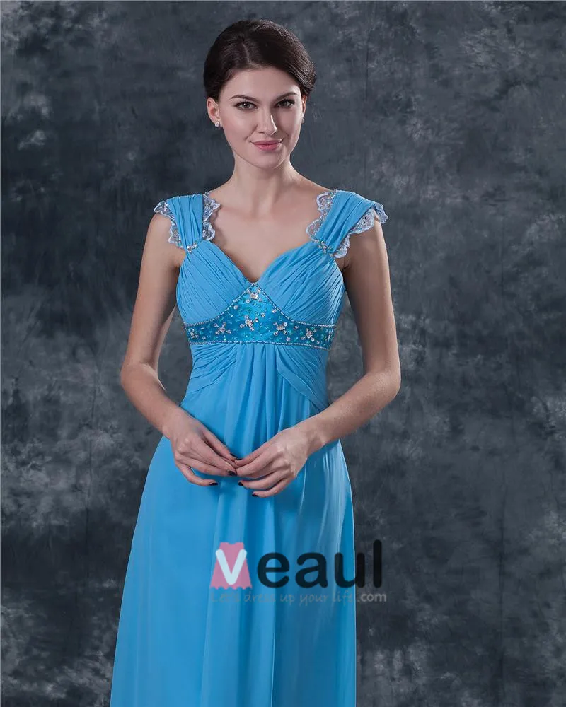 Klassiske Chiffon Ruffle Kjaereste Gulv Lengde Modre Av Bruden Gjester Kle