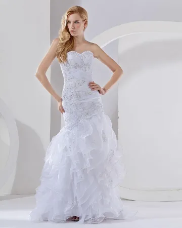 Organza Beading Layered Sweetheart Chapel Train Mermaid Wedding Dress