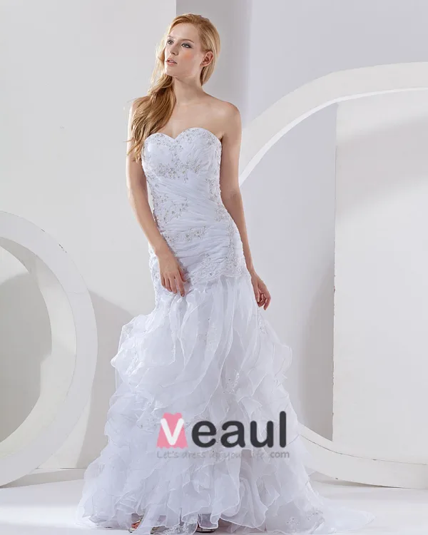 Organza Beading Layered Sweetheart Chapel Train Mermaid Wedding Dress