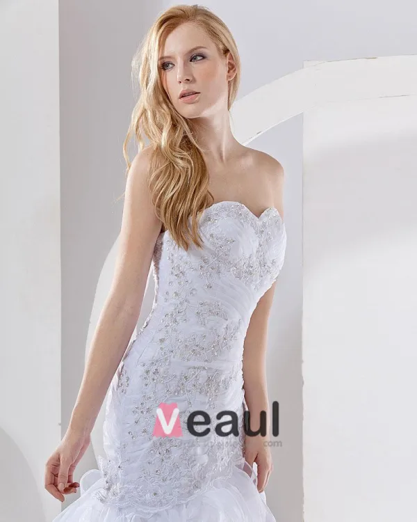 Organza Beading Layered Sweetheart Chapel Train Mermaid Wedding Dress