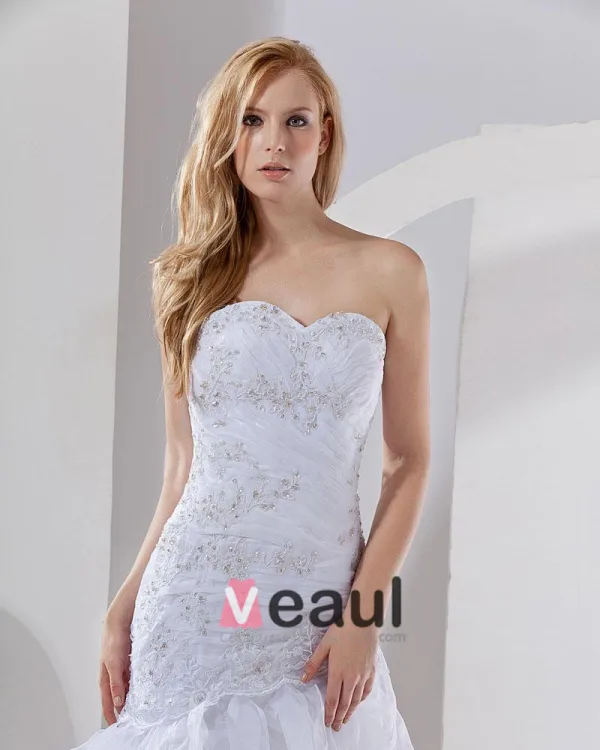 Organza Beading Layered Sweetheart Chapel Train Mermaid Wedding Dress