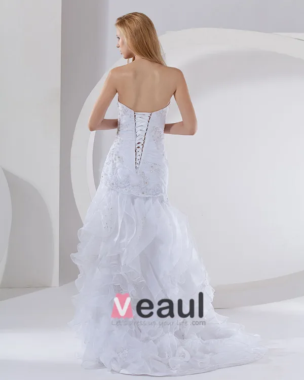 Organza Beading Layered Sweetheart Chapel Train Mermaid Wedding Dress