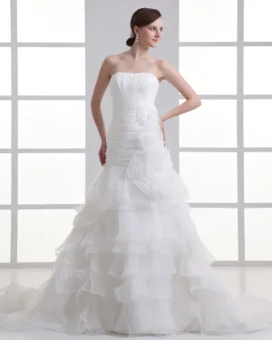 Organza Flower Strapless Court Train Tiered Mermaid Wedding Dress