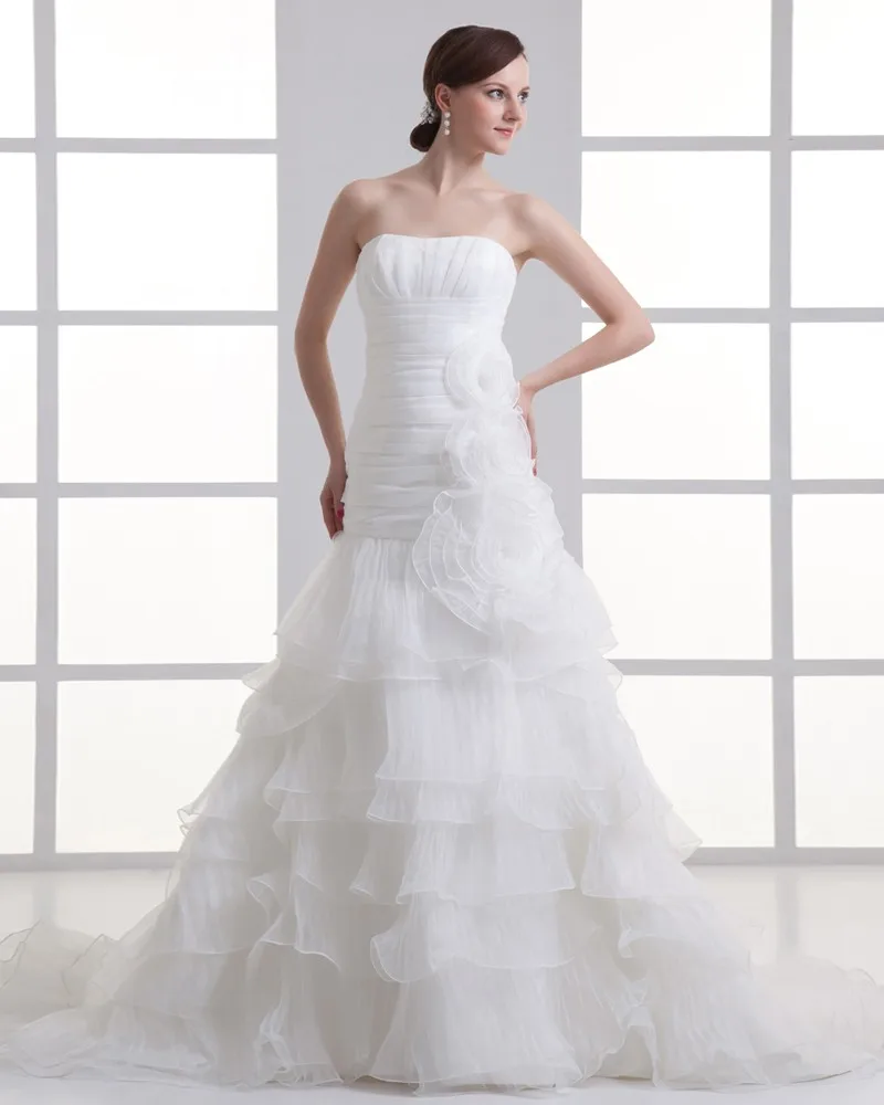 Organza Blomst Stroppelos Domstol Tog Lagdelt Havfrue Brudekjoler Bryllupskjoler