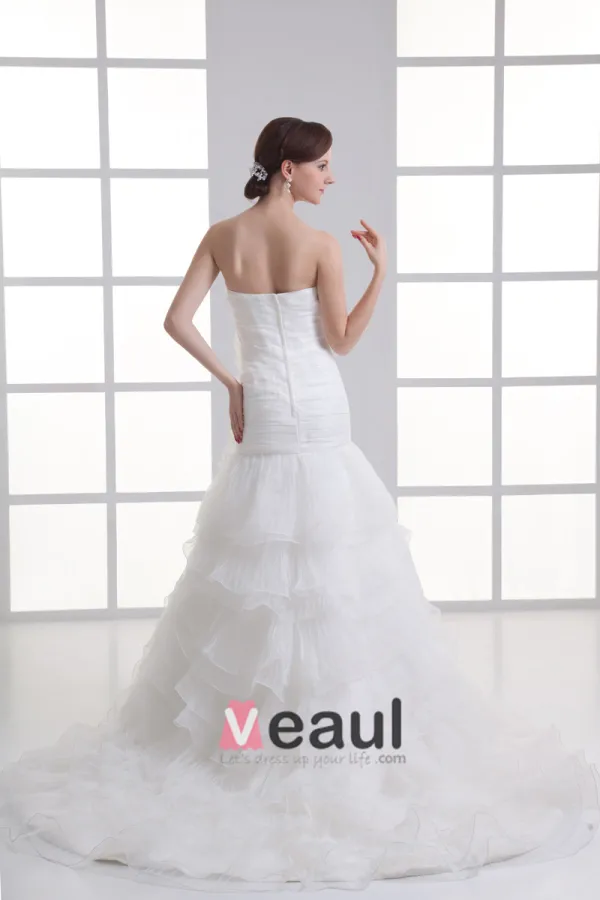 Organza Flower Strapless Court Train Tiered Mermaid Wedding Dress