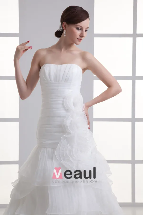 Organza Flower Strapless Court Train Tiered Mermaid Wedding Dress