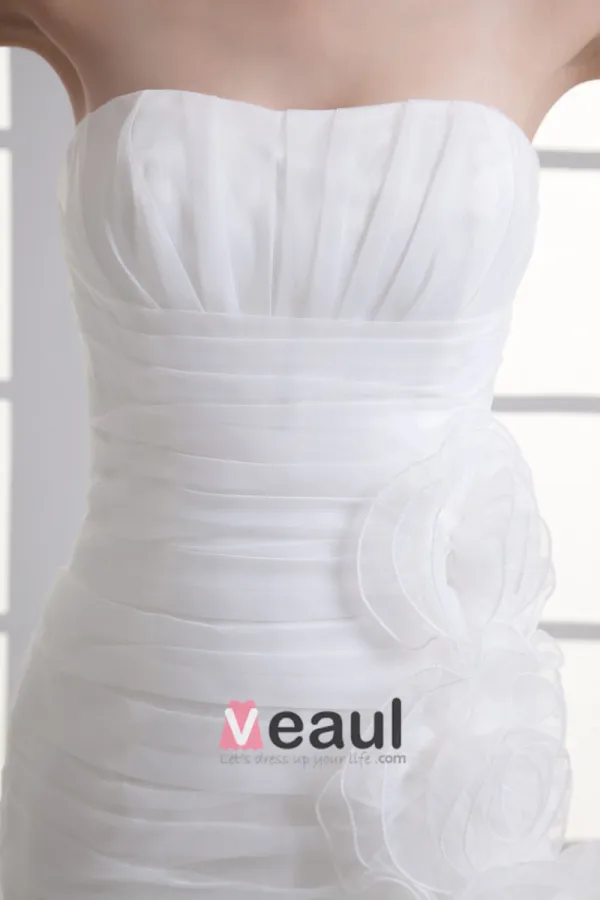 Organza Flower Strapless Court Train Tiered Mermaid Wedding Dress