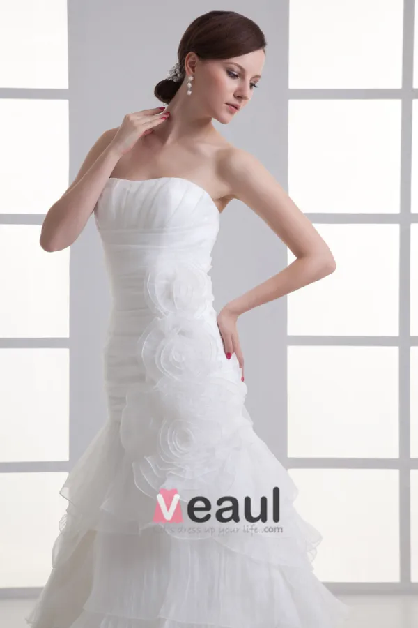 Organza Flower Strapless Court Train Tiered Mermaid Wedding Dress