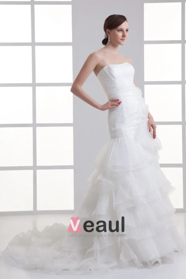 Organza Flower Strapless Court Train Tiered Mermaid Wedding Dress