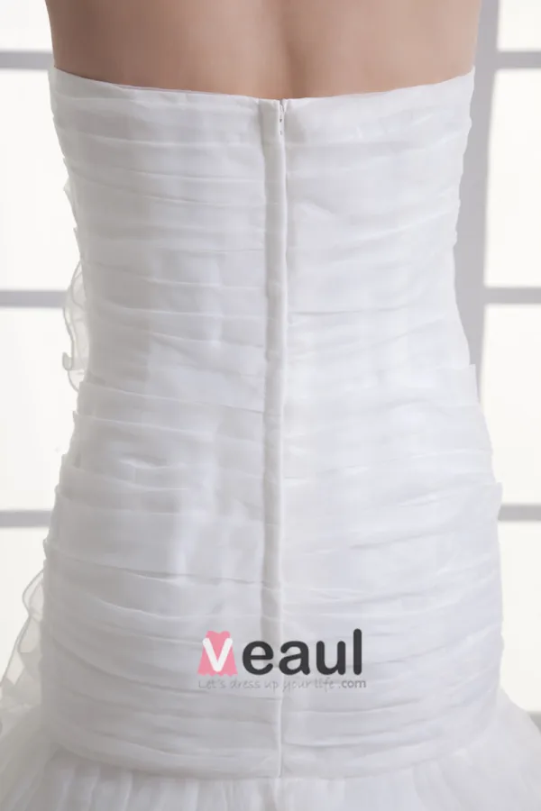 Organza Flower Strapless Court Train Tiered Mermaid Wedding Dress