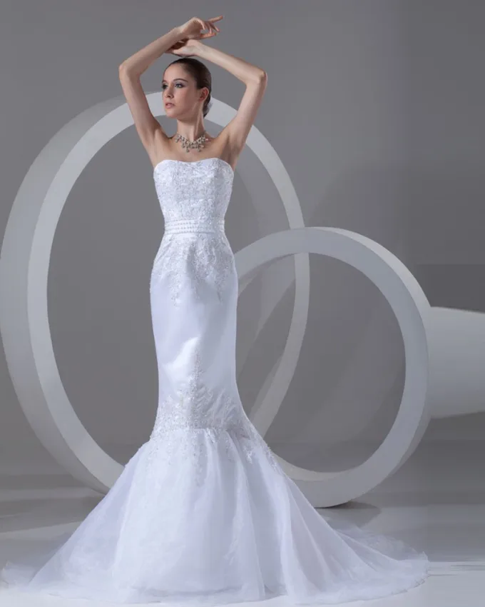 Organza Satin Applikasjon Beading Kjaereste Domstol Tog Havfrue Brudekjoler Bryllupskjoler