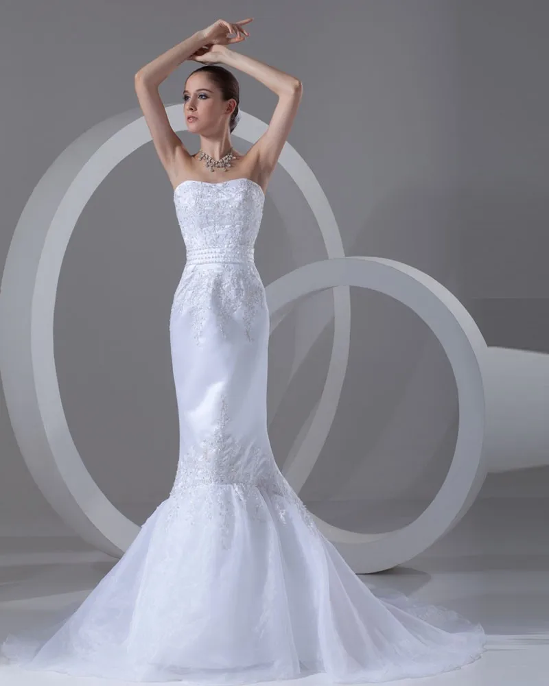 Organza Satin Applikasjon Beading Kjaereste Domstol Tog Havfrue Brudekjoler Bryllupskjoler