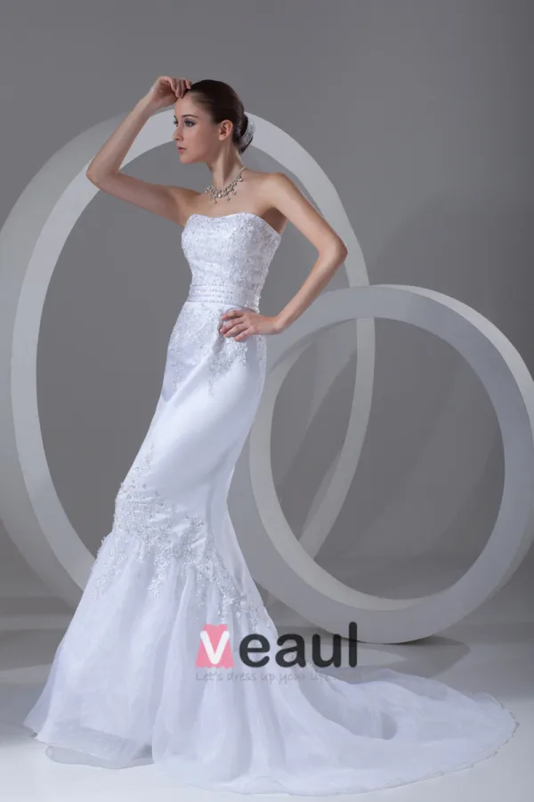 Organza Satin Applique Beaded Sweetheart Court Train Mermaid Bridal Gowns Wedding Dresses
