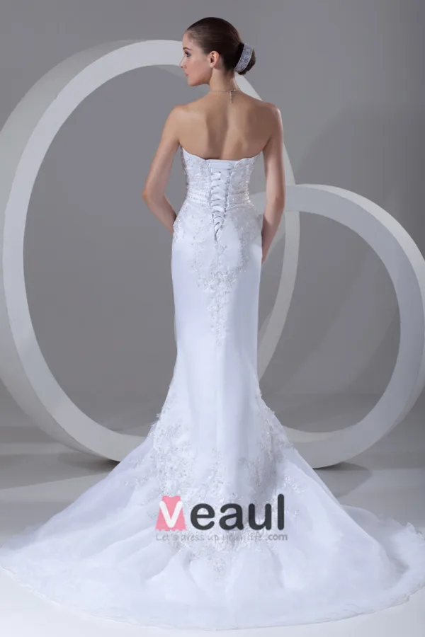 Organza Satin Applique Beaded Sweetheart Court Train Mermaid Bridal Gowns Wedding Dresses