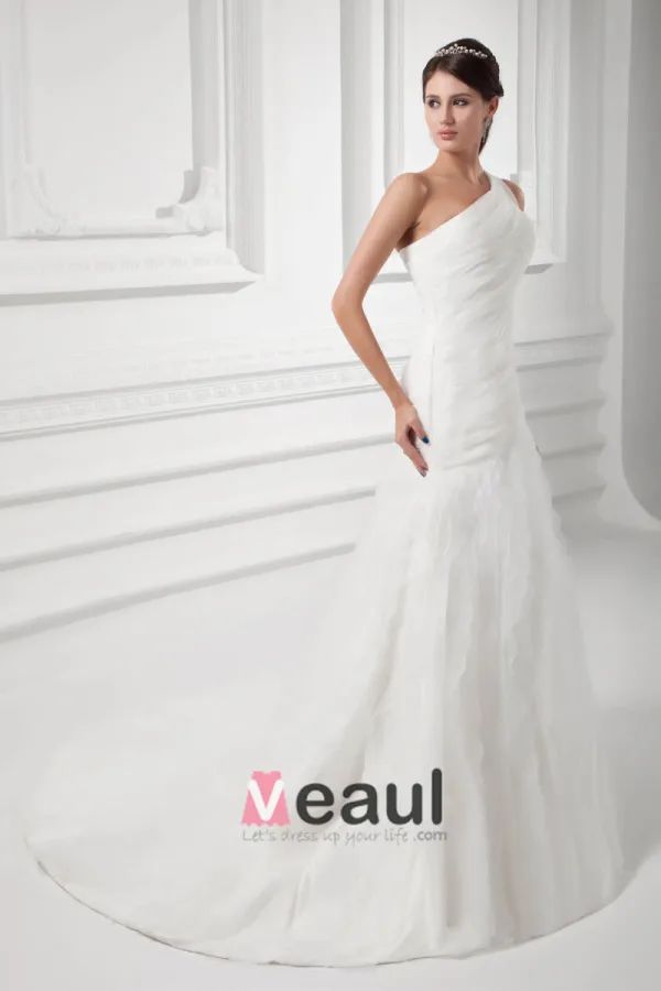 Organza Ruffle One Shoulder Court Train Mermaid Wedding Dress
