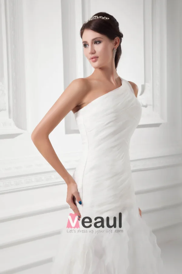 Organza Ruffle One Shoulder Court Train Mermaid Wedding Dress