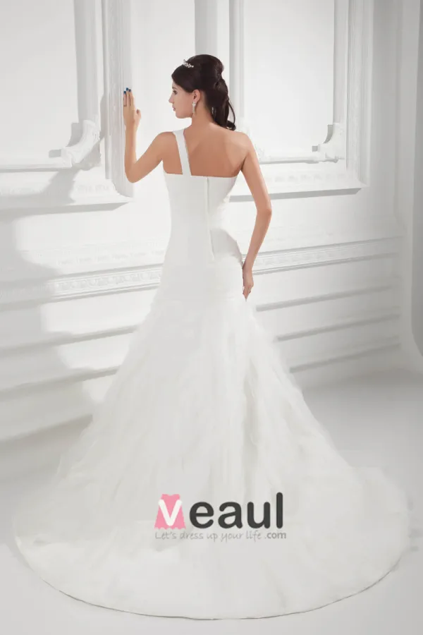 Organza Ruffle One Shoulder Court Train Mermaid Wedding Dress