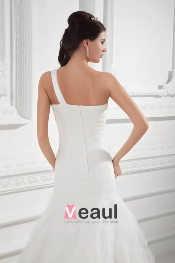 Organza Ruffle One Shoulder Court Train Mermaid Wedding Dress