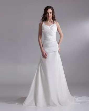Satin Ruffle Sequins Shoulder Straps Court Train Sheath Wedding Dress