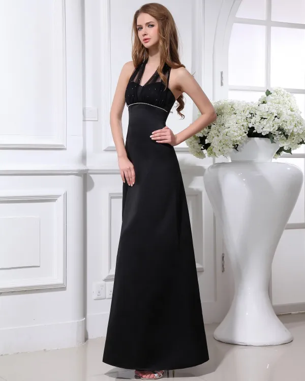 Elegant Satin Yarn Beaded Halter Ankle Length Women Evening Party Dress