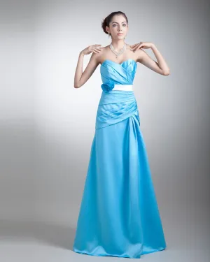 Satin Ruffle Flower Sweetheart Floor Length Bridesmaid Dress
