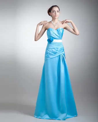 Satin Ruffle Flower Sweetheart Floor Length Bridesmaid Dress