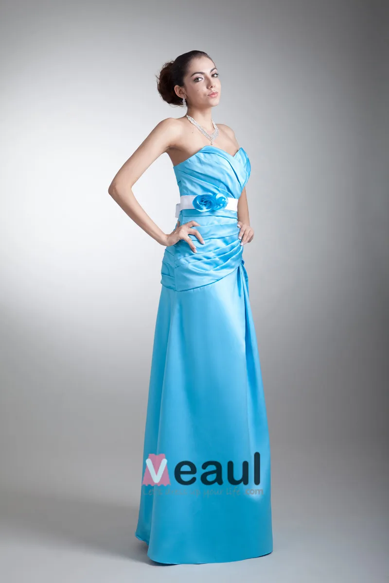 Satin Ruffle Blomst Kjaereste Gulv Lengde Brudepikekjoler