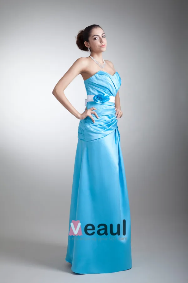 Satin Ruffle Blomst Kjaereste Gulv Lengde Brudepikekjoler