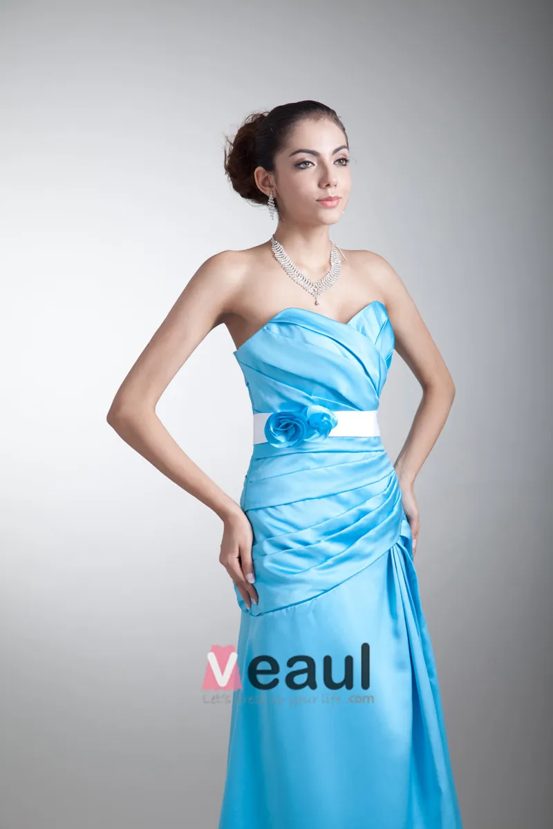 Satin Ruffle Blomst Kjaereste Gulv Lengde Brudepikekjoler