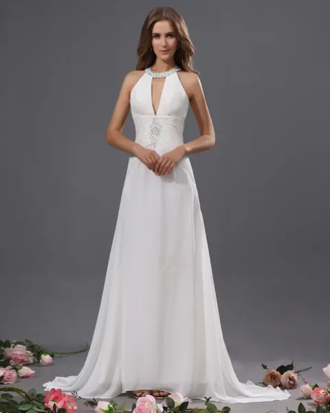 Fashion Ruffle Beaded Halter Sweep Sheath Bridal Gown Wedding Dress
