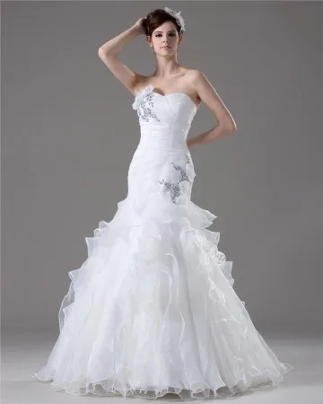 Perlage Elegante Volants Cherie Applique Etage Longueur Robe De File De Mariée Sirène