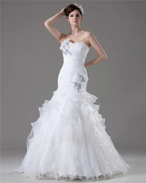 Elegant Beading Ruffles Applique Sweetheart Floor Length Yarn Mermaid Wedding Dress