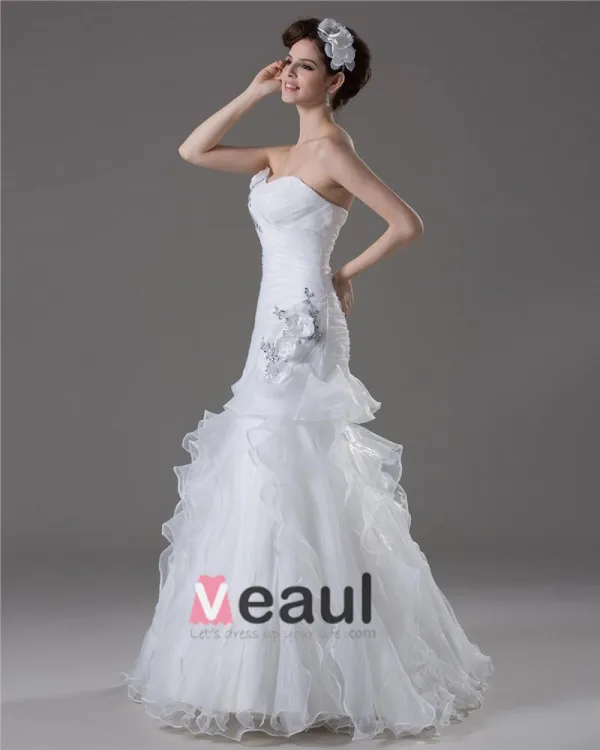 Elegant Beading Ruffles Applique Sweetheart Floor Length Yarn Mermaid Wedding Dress