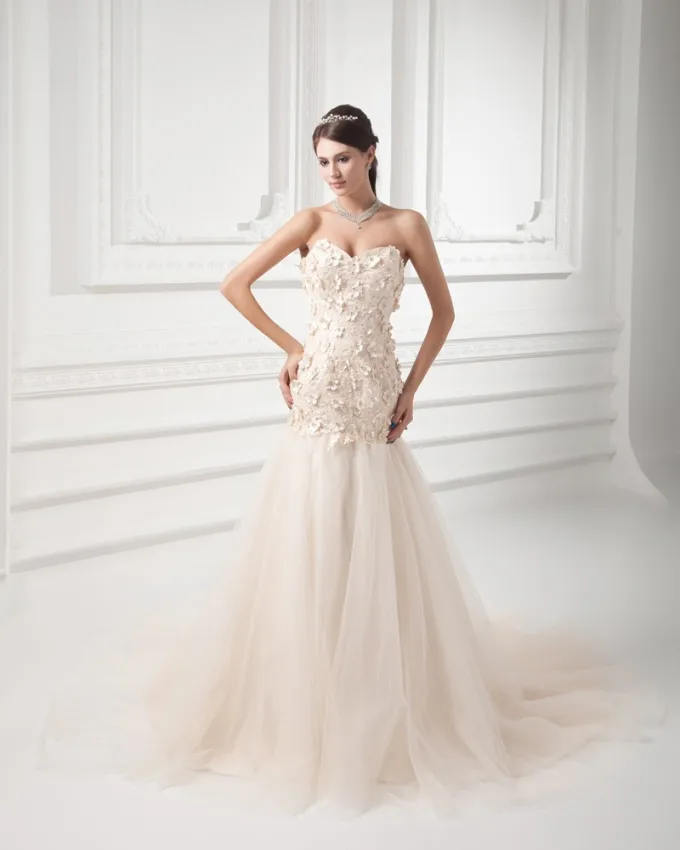 Tyll Applikasjon Beading Kjaereste Domstol Tog Havfrue Brudekjoler Bryllupskjoler