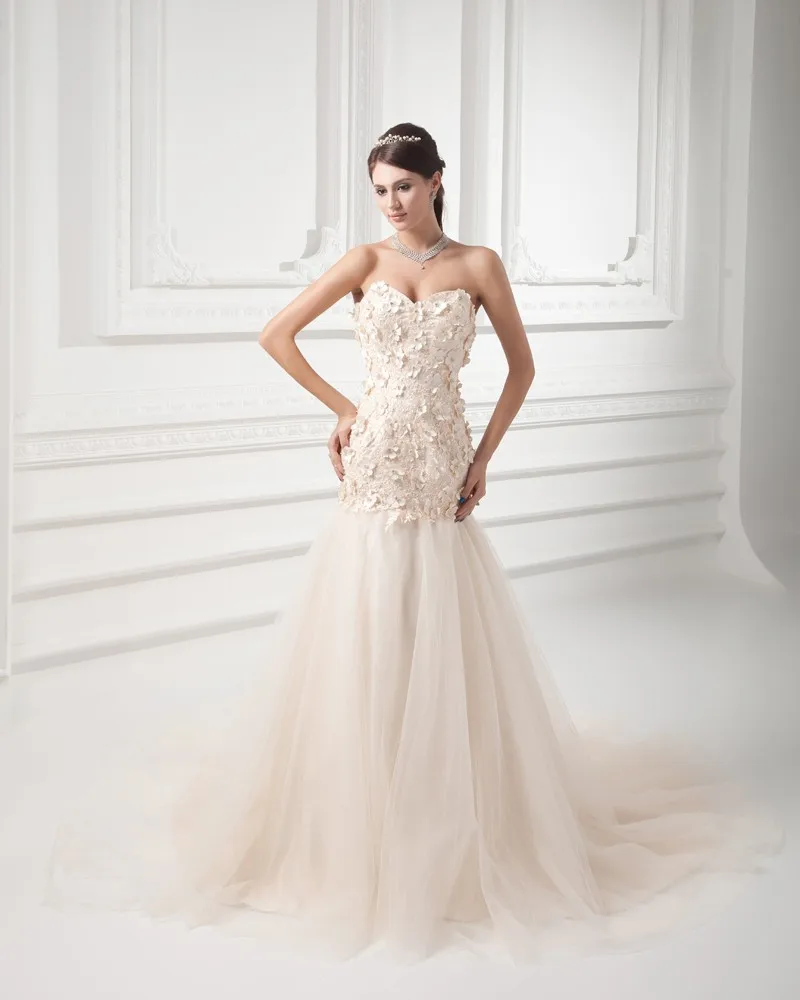 Tyll Applikasjon Beading Kjaereste Domstol Tog Havfrue Brudekjoler Bryllupskjoler