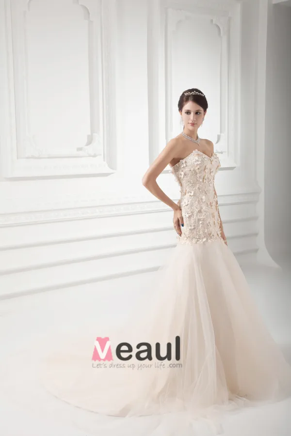 Tulle Applique Beading Sweetheart Court Train Mermaid Wedding Dress