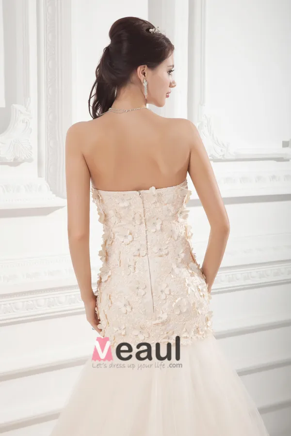Tulle Applique Beading Sweetheart Court Train Mermaid Wedding Dress