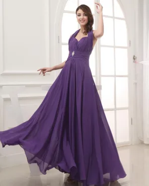 Chiffon Satin Silke Beading Krusning Halter Ermelos Rygglose Gulv Lengde Plissert Kjole