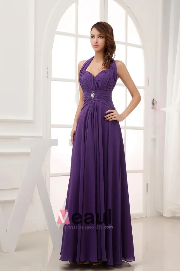 Chiffon Satin Silk Beading Ruffle Halter Sleeveless Backless Floor Length Pleated Evening Dress