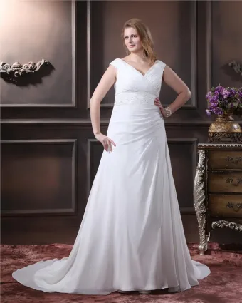 Elegant Chiffong V Ringad Chapel Tag A Line Brud Plus Size Brudklänningar Bröllopsklänningar