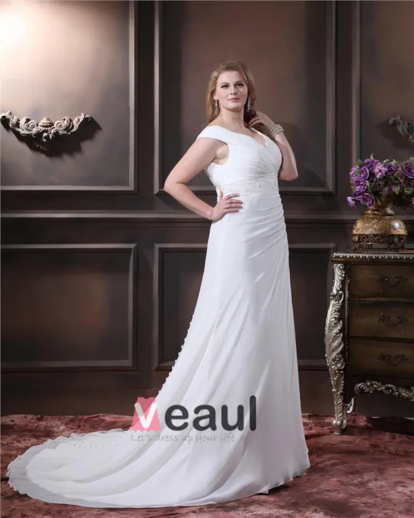 Elegant Train Chapelle V-cou En Mousseline De Soie A-ligne De Mariée Plus La Taille Robe De Mariée