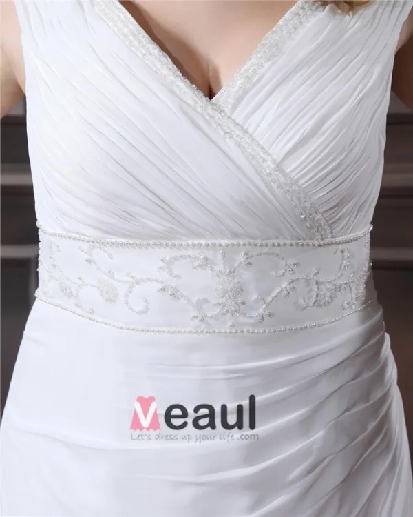 Elegant Train Chapelle V-cou En Mousseline De Soie A-ligne De Mariée Plus La Taille Robe De Mariée
