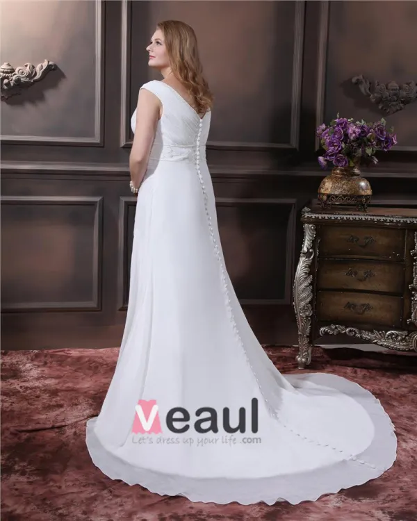 Elegant Train Chapelle V-cou En Mousseline De Soie A-ligne De Mariée Plus La Taille Robe De Mariée