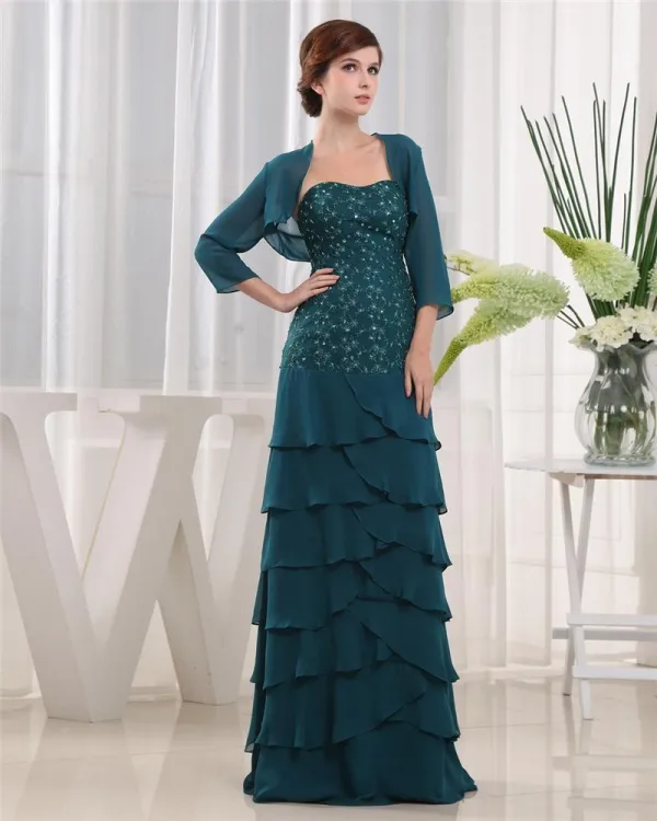 Sweetheart 3 4 Lengde Ermet Glidelas Beading Krusning Gulv Lengde Chiffon Mor Til Bruden Kjole