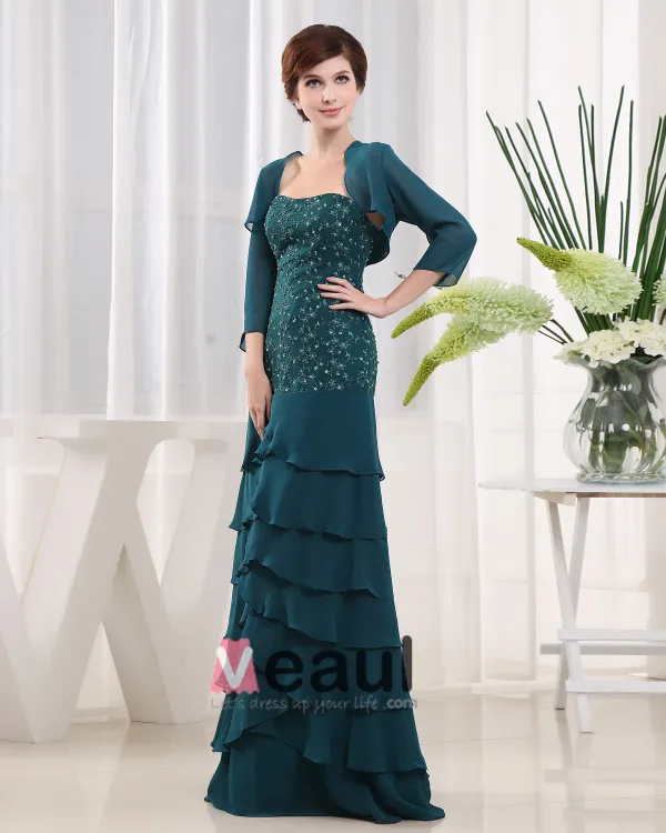 Sweetheart 3/4 Lengde Ermet Glidelas Beading Krusning Gulv Lengde Chiffon Mor Til Bruden Kjole