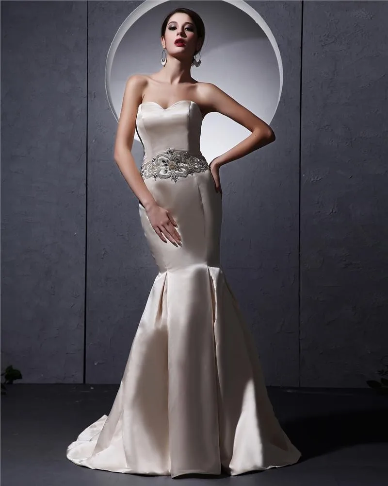 Vakker Fotsid Kjaereste Satin Beading Havfrue Brudekjoler Bryllupskjoler