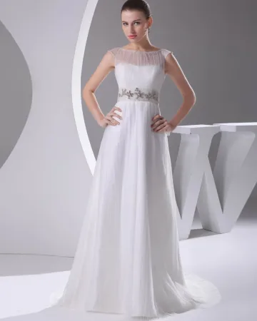 Elegant Sateng Tyll Plisserte Rhinestones Bateau Gulv Lengde Brudekjoler Bryllupskjoler