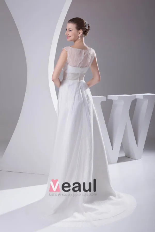 Elegant Sateng Tyll Plisserte Rhinestones Bateau Gulv Lengde Brudekjoler Bryllupskjoler